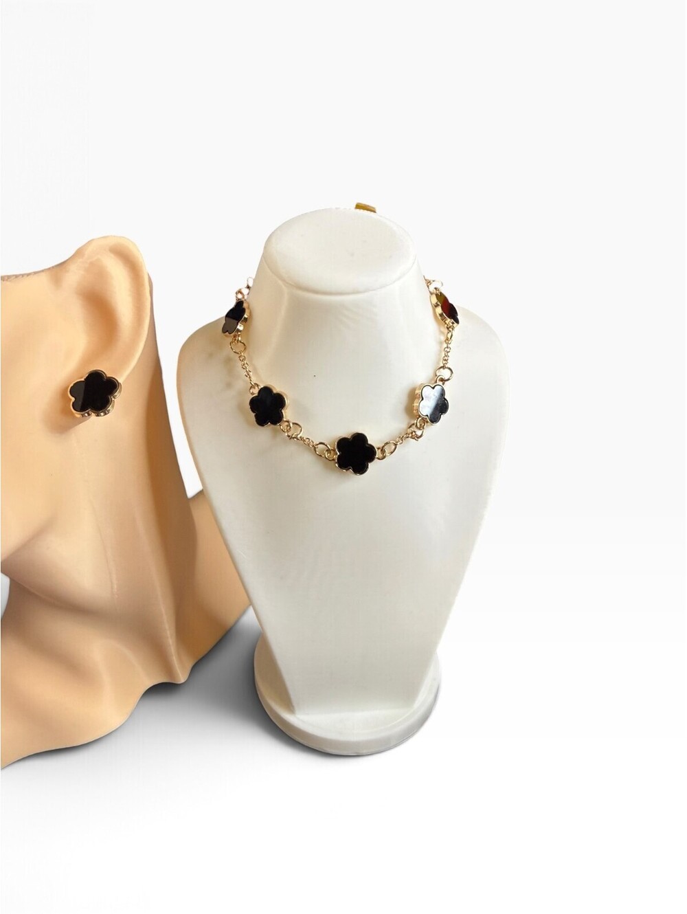Black Flower Bracelet & Stud Earrings Set Gold Tone Floral Jewelry